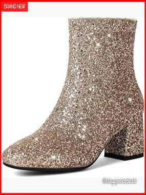 Women's Sequin Ankle Boots Chunky Heel Sparkly Booties Party Wear